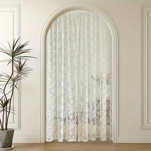 TEMU 1개 러스틱 플로랄 시어 커튼 패널 - 드릴 필요 없는 접착식 프라이버시 도어 커튼 레이스 패턴, 거실 침실용 100% 폴리에스터 빛 필터링 로드 포켓 커튼, 손세탁 전용, 침실 분리막 | 러스틱 스타일 | 폴리에스터 원단|커튼봉