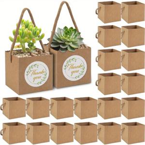 TEMU 50개 크래프트 종이 다육식물 선물 바구니 세트 - 튼튼한 손잡이 포함, 2.5인치 화분용 (미니 플랜트 포트) & 감사 스티커 포함, 웨딩 파보어/베이비 샤워/다육파티 용품 - 브라운색, 안전 T락 잠금 장치
