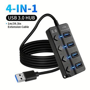 TEMU 4포트 USB 3.0 확장 허브 (100CM 긴 케이블 포함), 5G 고속 데이터 전송, 단일 LED 전원 스위치, 휴대용 USB 포트 확장기, PC, USB 플래시 드라이브 등에 적합.