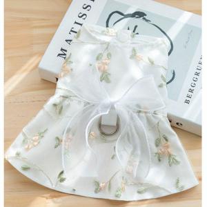 TEMU 드레스 강아지용, 봄/여름 통기성 레이스 플로럴 자수 더블레이어 리드 버클 보우타이 화이트 블루 테디 부비에 슈나이저 소형~중형 반려동물 의류