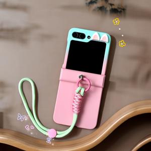 TEMU 폰 케이스: 갤럭시 Z 플립 6/Z 플립 7용 접이식 폰 카툰 토끼귀 패션 그라데이션 핸드 스트랩 포함, Z 플립 5/Z 플립 4/Z 플립 3 호환, 힌지 보호, 낙하 방지 보호 케이스|핸드폰스트랩