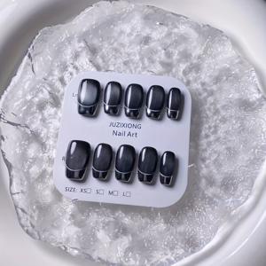 TEMU 10개입 핸드메이드 사각형 블랙 고양이 눈 인조 손톱, 은색 거울 마감 및 화이트 프렌치 팁, 고급 디자인 특징.