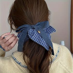 TEMU 한국 스타일 블루 체크 무늬 사각 스카프 머리끈 (리본 장식 포함) + 한국 스타일 대장 머리끈 디자인, 새로운 고탄력 헤어 로프 특징 (포니테일, 번, 상단 머리 묶음에 적합), 봄 시즌에 잘 어울리는 세련된 액세서리