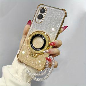 TEMU 충격 방지 및 고급스러운, 두꺼운 글리터 카드 폰 케이스, 삼성 갤럭시 S25 에지용, 네 개의 강화된 코너, 자석 브래킷, 투명한 비즈 핸드 스트랩, 모든 것이 부드러운 TPU 백 커버로 감싸져 있습니다.