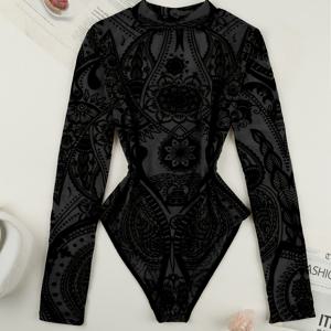 TEMU 스타일리시 플리스 프린트 슬림핏 메쉬 레이어드 긴팔 바디슈트 티셔츠 Y2K, 캐주얼 웨어, 트렌디 의류, 레트로 스타일, 슬림 핏, 가벼운 소재, 스트레치 원단, 롱슬리브 탑, 패션 티셔츠, 어덜트용