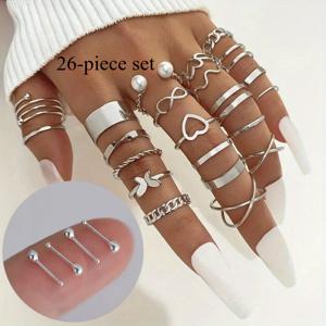 TEMU 26피스 여성용 저자극성 스택 링 & 귀걸이 세트 - 가벼운 럭셔리 우아한 나비, 하트, 웨이브 & 인피니티 참 + 플레인 밴드 - 발렌타인데이 선물용 일상 및 파티 주얼리, 민감한 연한 베이지 색상, 내구성 있는 디자인 (무도금)