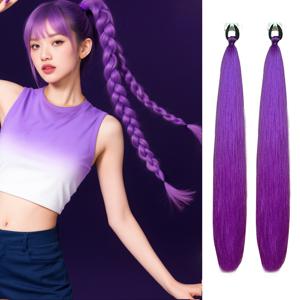 TEMU MERISIHAIR 여성용 파스텔 퍼플-핑크 그라데이션 롱 포니테일 가발, 땋은 합성 머리 - 탄성 포니테일 클립인/클립온 헤어피스, 애니메이션, K-Pop, 파티용 (접착제/봉제 필요 없음)