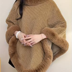 TEMU 플러스 사이즈 - 플러스 사이즈 - 여성용 우아한 겨울 케이프 숄 1개 - 두꺼운 부드러운 기모 안감 코트, 플러시 모피 같은 칼라, 루즈핏 긴소매 케이프 숄 (가을 & 겨울용), 포근한 따뜻한 겉옷, 겨울 숄, 가을 패션, 스타일리시 숄, 따뜻한 숄, 케이프코트, 숄케이프, 플러스사이즈 겨울코트, 롱패딩, 겨울여성코트, 여성겨울패딩