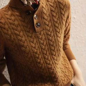 TEMU 여성용 엘레강스 케이블 스웨터 - 긴소매 스탠드 칼라 버튼 풀오버, 패셔너블한 가을 겨울 사무실 파티 캐주얼 복장 - 여성 니트웨어, 전문 직장인을 위한 편안한 원단 ZJ0911012