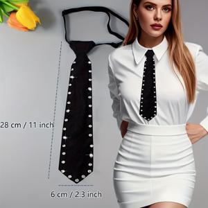 TEMU 여성용 우아한 라인스톤 목걸이 넥타이 - & 대비, 튼튼한 폴리에스터, 손세탁 가능, 공식 및 캐주얼 복장에 적합, 사무실 및 파티에 이상적