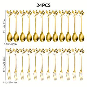 TEMU 24개 세트의 골드 스테인리스 커피 및 디저트 숟가락과 잎 장식, 창의적인 과일 포크, 유럽 골드잎 숟가락, 스테인리스 디저트 포크와 숟가락 세트, 잎 손잡이가 있는 미니 수프 숟가락과 포크, 커피, 샐러드, 디저트 및 애피타이저에 적합하며 가정용으로도 사용 가능