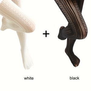 TEMU 2쌍 세트 우아한 여성용 빈티지 레이스 팬티스타킹 - 정교한 컷아웃 디자인, 100% 폴리에스터, 손세탁 전용, 순백색과 블랙 팬티스타킹으로 세련된 스타일, 레이스 트림