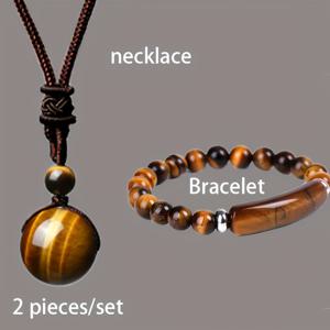 TEMU 2개 세트 천연 타이거 아이 스톤 주얼리 - 조절 가능한 끈 목걸이 & 매치 브레이슬릿, 대리석 브라운 & 골든 타이거 아이 보석, 남녀공용 우아한 선물, 발렌타인데이, 크리스마스, 생일, 기념일 - 내구성 있는 캐주얼 액세서리|남자팔찌|남자목걸이