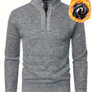 TEMU 남성용 하이넥 지퍼 풀오버 자켓 - 폴리에스테르 100% 두꺼운 벨벳 니트 재질, 단색, 정규 핏, 긴 소매, 가을/겨울 캐주얼 스탠드 칼라 스웨터, 중간 스트레치