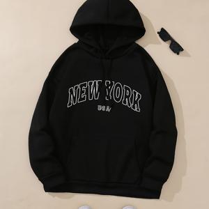 TEMU 플러스 사이즈, 레터 슬로건 패턴 캥거루 포켓 드로스트링 보온 후드티