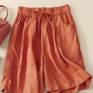 TEMU 여성용 플러스 사이즈 캐주얼 드로스트링 쇼츠, 측면 레이스 디테일 - 루즈핏, 가벼운 비스코스 원단, 신축성 있는 허리밴드, 솔리드 오렌지색, 봄/여름 휴가에 완벽