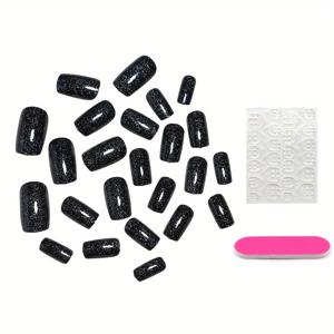 TEMU 12가지 크기로 구성된 젤리 접착제와 네일 파일이 포함된 블랙 글리터 짧은 프레스 온 네일, 반짝이는 네일, 사각형 은하수 접착 네일