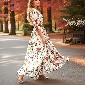 TEMU 여성용 스윙 드레스 맥시 롱 드레스 - 3/4 길이 소매 꽃무늬 프린트 봄 여름 캐주얼 핫 휴가 드레스 랜턴 슬리브 러플 화이트 우아한