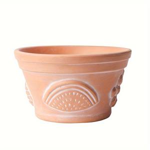 TEMU 트레이가 있는 붉은 점토 화분 (다육 식물용), 격자 패턴의 낙서와 과일이 있는 빈티지 아트 디자인으로, 소박하고 레트로한 느낌을 주고 있습니다. 이 통기성 세라믹 화분은 정원에 완벽하며, 다육 식물에 적합한 심플한 스타일입니다.