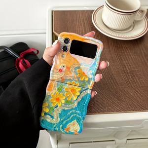 TEMU 휴대폰 케이스 - 파란색 조명 오일 페인팅 꽃과 오리 접이식 휴대폰 케이스, 삼성 Z Flip 3/4/5/6 풀 보호 커버 호환.