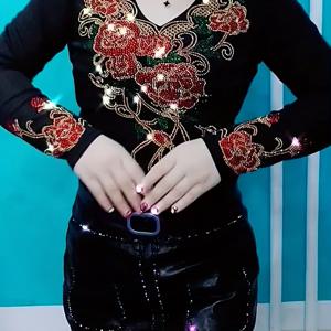 TEMU 세련된 여성용 긴팔 티셔츠, 라인스톤 장식과 얇은 아이스 원단의 아름다운 디자인.