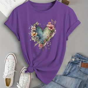 TEMU 여성용 플로랄 하트 프린트 반팔 티셔츠 - 100% 폴리에스터 통기성 여름 상의, 편안한 핏 라운드 넥 캐주얼 티, 생생한 꽃무늬 디자인, 세탁기 사용 가능