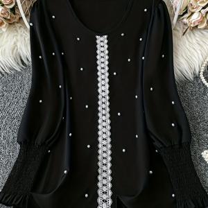 TEMU 여성용 우아한 진주 장식 레이스 트림 블라우스 - 검정색 라운드 넥 긴팔 탑, 주름 디테일, 사계절 착용 가능 비신축 원단, 손세탁 전용, 레이스 블라우스, 캐주얼 엘레강스