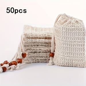 TEMU 천연 라미 섬유로 제작된 각질 제거 비누 봉투 50개입. 손으로 만든 메시 비누 파우치이며, 드로스트링이 달려 있어 욕조 및 샤워실에서 사용하기에 적합합니다.