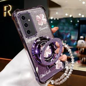 TEMU 삼성 갤럭시 S24용 고급 클로버 에어백 손목끈이 있는 자석 글리터 폰 케이스, 충격 방지 기능과 스탠드 기능이 있는 디자인