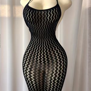 TEMU 1개 섹시 플러스 사이즈 백리스 바디콘 드레스 - 패턴 & 컷아웃 디테일, 고탄력 피쉬넷 커버업, 뮤직 페스티벌·휴가용 비치웨어 (투명 블랙), 시스루 소재