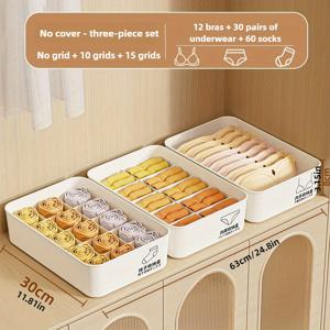 TEMU 옷 정리함, 2개 또는 3개 세트로 구매 가능. 속옷 및 양말 정리를 위한 정리함 포함. 브라 및 쉐이프웨어를 위한 10개 및 15개 칸 옵션 제공. 색상은 흰색이며, 여행 가방 및 옷장에 적합합니다.
