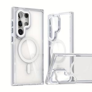 TEMU 갤럭시 S25울트라 S24 플러스 S23+ S22용 스타일리시하고 심플한 고품질 숨겨진 미끄럼 방지 충격 방지 금속 브래킷 렌즈 컬러 체인지 폰 케이스, 강력한 자석 투명 소프트 & 하드 조합 폰 케이스