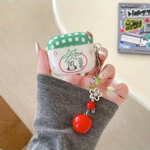 TEMU 귀여운 녹색과 흰색 체크무늬 토마토 & 토끼가 있는 에어팟 케이스 - 내구성 있는 플라스틱, 에어팟 프로/2, 1/2/3/4에 완벽하게 적합, 아름다운 비즈 체인 디자인, 에어팟 케이스 | 재미있는 액세서리 | 내구성 있는 플라스틱 케이스, 에어팟 액세서리용