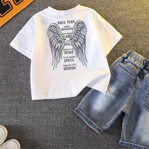 TEMU 2025 여름 남아 그래픽 티셔츠 - 흰색 루즈핏 드롭 숄더 반팔 티, 블랙 윙 & 뮤직 밴드 디자인, 통기성 좋은 캐주얼 탑, 청소년용, 세탁기 사용 가능, 비침 방지 원단