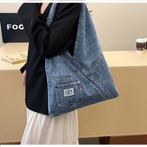 TEMU 여성용 빈티지 토트백 - 대용량 오픈 탑, 구조적 직선형 디자인, 내구성 있는 일상용 가방 (여성, 학생, 직장인용) - 네이비 블루 & 스카이 블루 색상, 프로페셔널 액세서리, 모던 스트리트웨어, 패브릭 소재