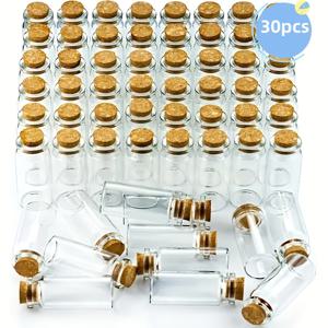 TEMU 30팩 미니 투명 유리병 코르크 뚜껑 포함 - 10ml 타원형, DIY 공예용 내구성 & 휴대 가능, 결혼식 장식, 파티 선물, 홈 , 클래식 스타일 병, 천연 코르크 마개