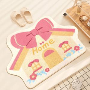 TEMU 1000g+10mm 만화 집 욕실 매트, 핑크 리본 포함, 불규칙한 모양 미끄럼 방지 현관 매트, 침실, 옷장, 거실, 공부용 - 플러시 폴리에스터 세탁 가능, 데이, 어머니의 날, 추수감사절, 대통령의 날, 레이 데이 장식에 이상적, 거실용 러그, 핑크 내부, 한국식 인테리어 제품, 욕실 매트, 거실용 러그