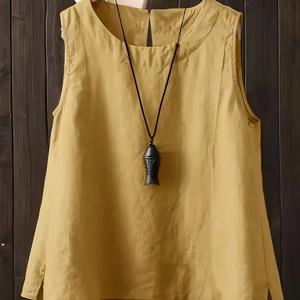 TEMU 여성용 가벼운 옐로우 민소매 블라우스 - 100% 폴리에스터 라운드넥 루즈핏 탑, 봄 여름 가을 캐주얼 셔츠, 세탁기 사용 가능