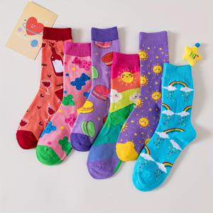 TEMU 6 쌍의 아름다운 무지개, 태양, 및 음식 주제 크루 양말 - 소프트, 재미있는 디자인, 하트, 별, 및 상상력 있는 삽화, 귀여운 양말