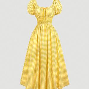 TEMU 여성용 스프링/여름/가을을 위한 귀여운 드레스, 퍼프 슬리브와 타이 웨스트가 있는 우아한 노란색과 흰색 깁슨 체크 드레스, 사각형 넥, 긴 플로우디 디자인
