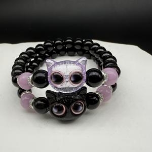 TEMU 2pcs, 어둠 속에서 빛나는 고양이 비즈 팔찌 세트, 블랙 비즈, 음악 축제/시즌 돌아오기, 완벽한 선물