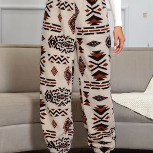 TEMU 여성용 플러시 팬츠 - 베이지/브라운/블랙/화이트/그레이 - 가을/겨울용 레그 트라우저, 일상 및 정장용 - 비침 방지 원단 - 여성 패션 바지, 겨울 의류, 민족 프린트 디자인, 편안한 소재, 스타일리시 하의, 캐주얼 착용, 가을 옷장, 따뜻한 원단, 트렌디 하의, 사무실 복장