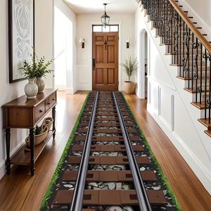 TEMU 1개 초대형 기차 트랙 매트 러너 - 기차 디자인의 대형 직사각형 바닥 매트, 복도, 거실, 주방, 침실, 욕실용 쉬운 청소 매트 - 갈색 기차 트랙 & 회색/검정 슬리퍼 - 실내/실외용 모델 기차 애호가를 위한 장식 매트 - 세탁기 사용 가능, 내구성 있고 스타일리시한 홈 데코, 현실적인 기차 트랙 패턴