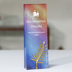 TEMU 맞춤형 사진 각인 인공 유리 트로피 - 컬러풀/투명 디자인, 골드 리프 장식, 기업 행사·댄스 대회·팀 상장·데스크 데코용, 세련된 외관과 우아한 공예품