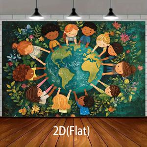 TEMU 2D 플랫 - 원피스 2D 타이틀: 지구와 단결의 테마를 특징으로 하는 배경, 세계 곳곳에서 다양한 배경을 가진 어린이를 보여주며, 꽃과 녹색 식물로 둘러싸여 있습니다. - 문화 행사 및 교육 행사에 이상적 - A