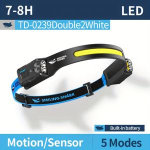 TEMU 1개, 스마일링 샤크 COB 초경량 헤드램프, 센서 내장 USB 충전식, 초밝은 5단계 조명 각도 조절 가능, 야간 독서 및 야외 활동용 TD-0239