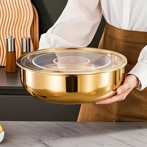 TEMU 커버가 있는 넉넉한 골드 스테인리스 스틸 믹싱 볼 - 녹 방지, 깊고 넓음, 반죽, 파스타 준비, 야채 세척, 국 요리 등에 적합 - 식기세척기 사용 가능, 재사용 가능한 식기, 매우 두꺼운 디자인