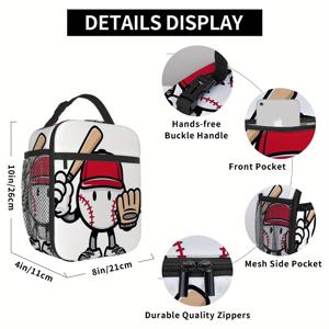 TEMU 1개 야구 보온 가방 - 귀여운 야구 선수 디자인 보온 백팩, 학교/사무실/여행용 휴대용 도시락 가방, 스포츠 테마 선물, 빨강/검정/흰색 야구 팬을 위한 내구성 있는 패브릭 백팩, 사무직원용