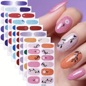 TEMU 8장 글리터 네일 폴리쉬 스트립, 플로럴 패턴 디자인, 여성용 DIY 홈 네일 아트 세트, 광택 마감, 가을 프레스온 네일