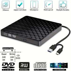 TEMU USB 3.0 및 USB-C 듀얼 인터페이스가 있는 검은색 휴대용 외장 CD/DVD +/-RW 드라이브 1개. 최대 속도 24X24, 컴팩트하고 저소음 설계. Surface Pro, Macbook Pro/Air, Windows 11/10/8/7 노트북 및 데스크탑과 호환 가능.|CD플레이어